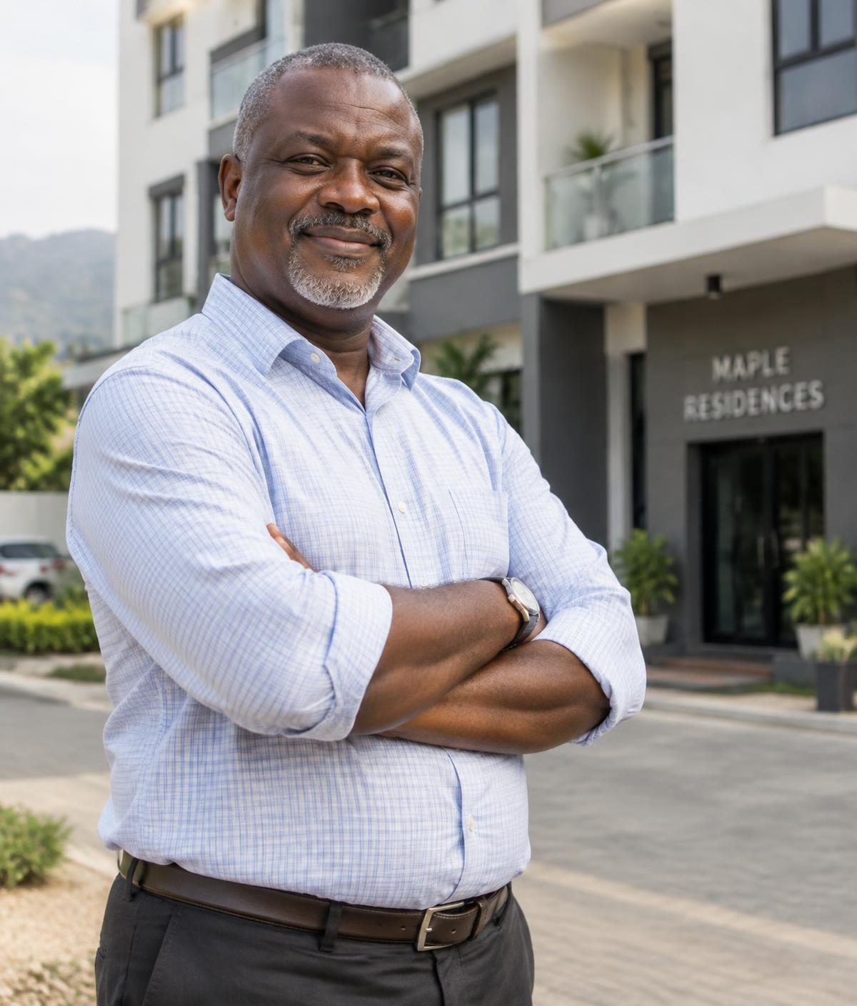 A landlord standing in front of his apartment building